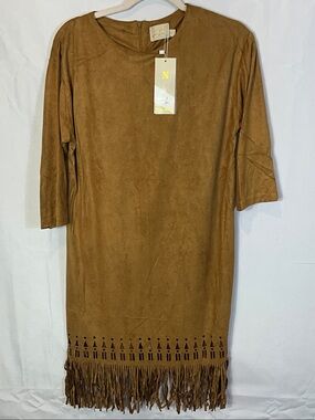 Neslay Design Fringe Bottom 3/4 Inch Sleeve Coffee Brown Midi Dress Size Medium